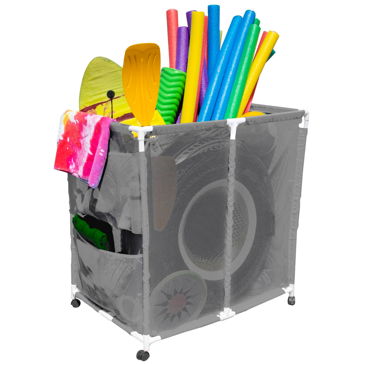Pool Bins front view showing white mesh organizer and easy-access storage benefit