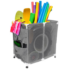 Pool Bins front view showing white mesh organizer and easy-access storage benefit