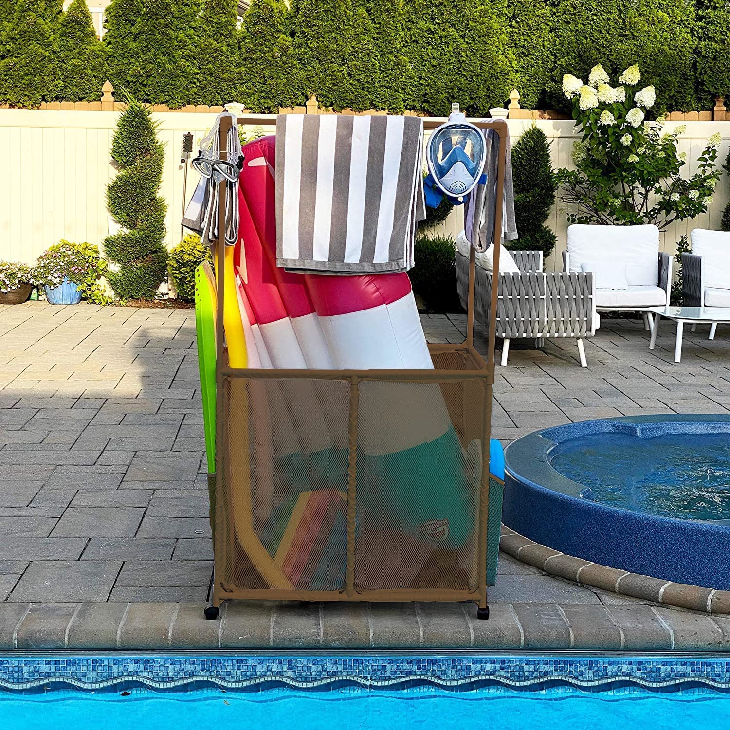 Pool Bins height comparison with folded towels showing scale and space-saving benefit