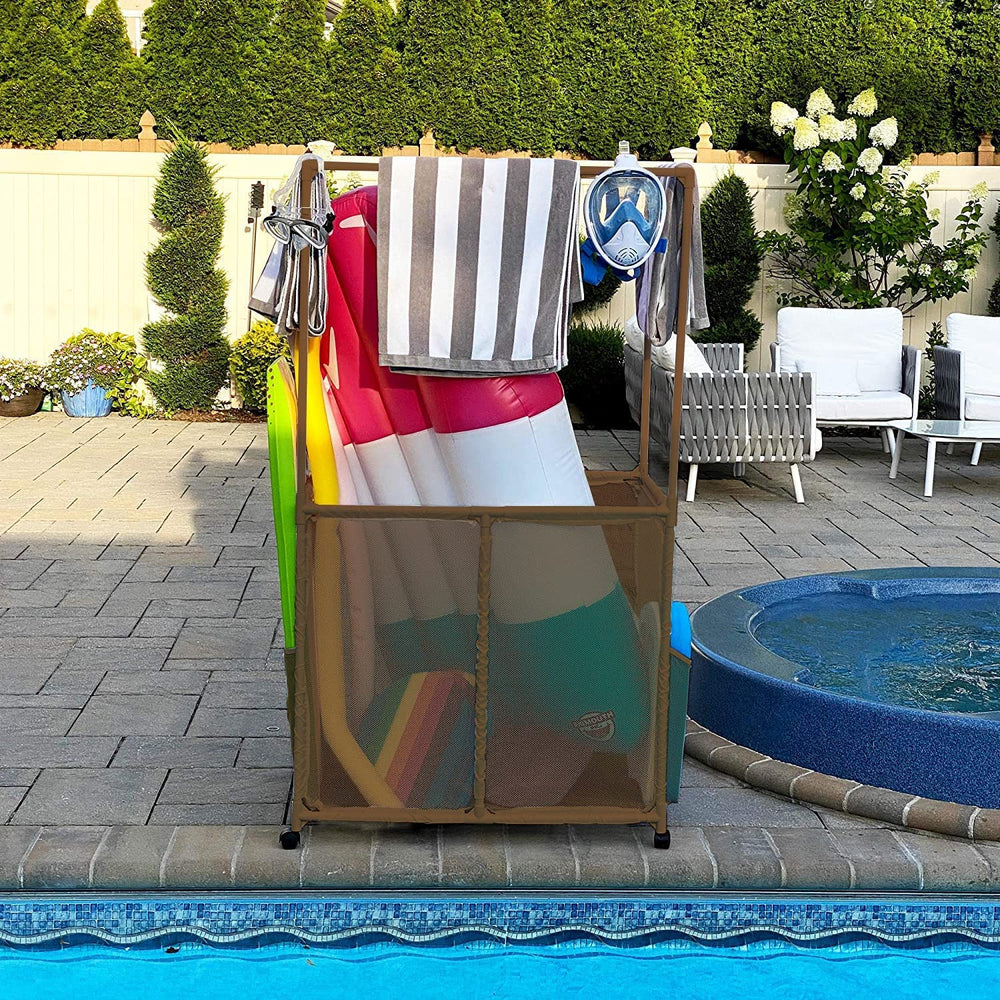 Pool Bins height comparison with folded towels showing scale and space-saving benefit