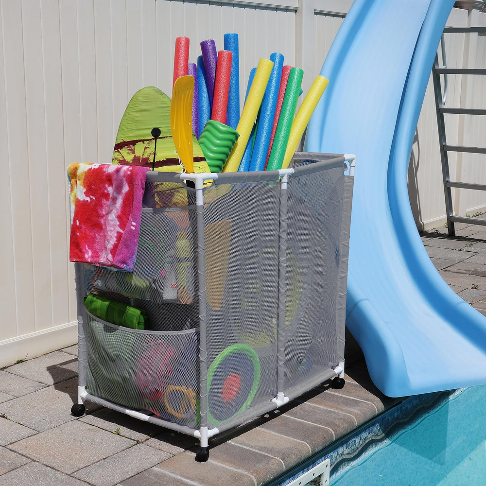 Pool Bins positioned poolside with toys inside showing tidy, ready-to-use storage