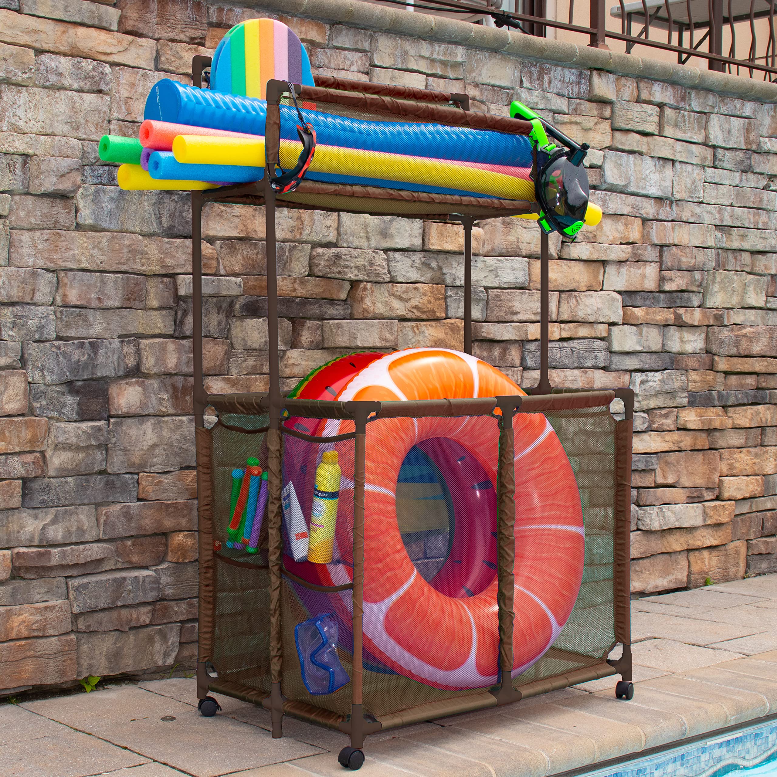 Pool Bins in-use poolside with toys showing easy mobility and quick access benefit