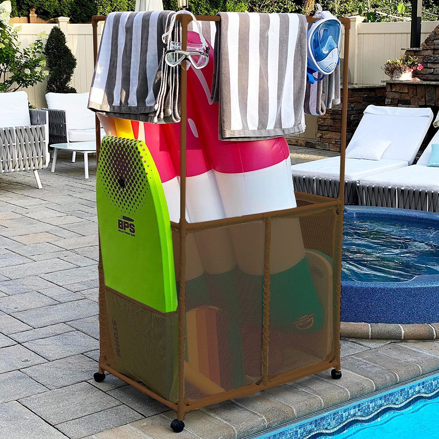 Pool Bins placed poolside with floats illustrating tidy deck and ready access benefit