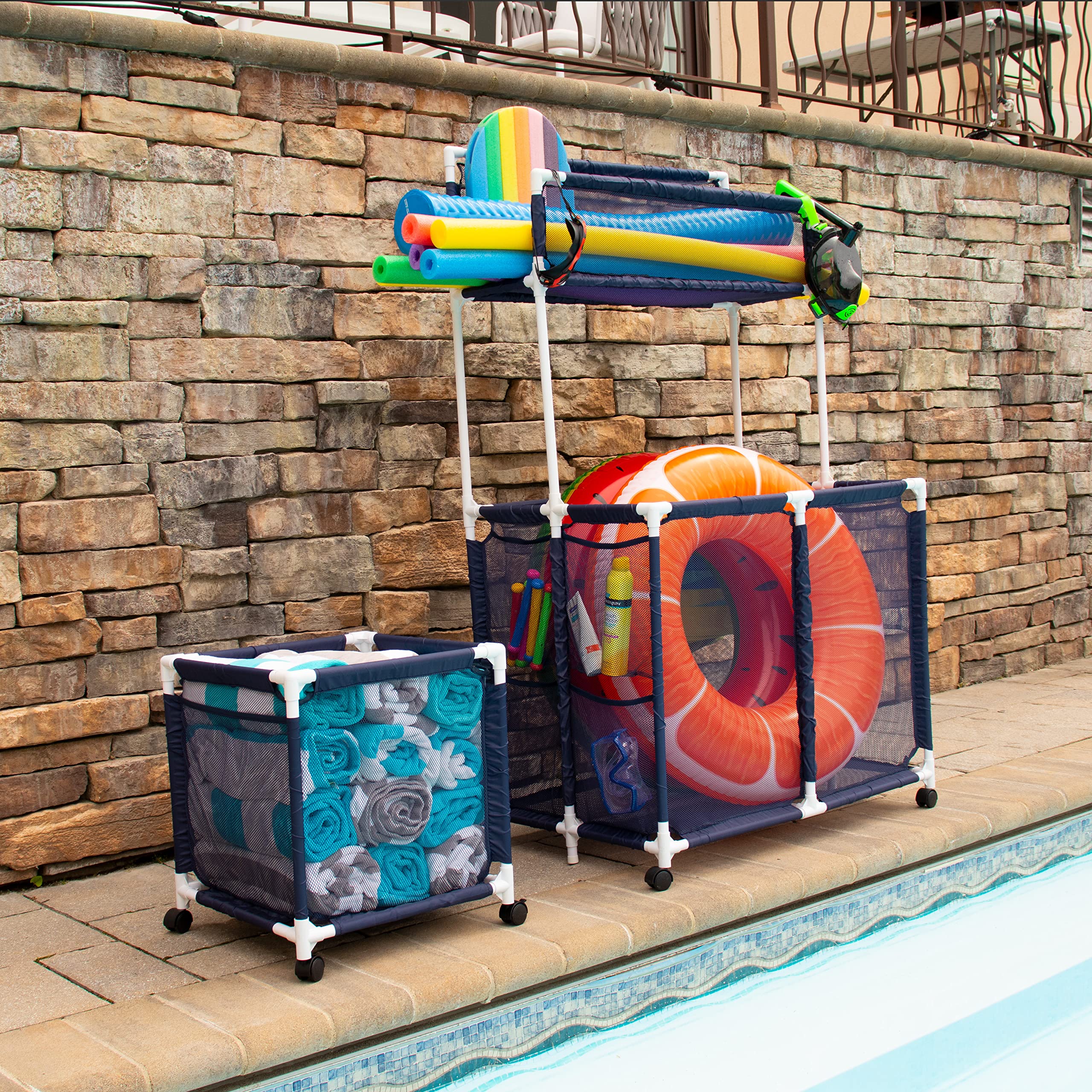 Pool Bins material and label showing weather-resistant PVC and product info