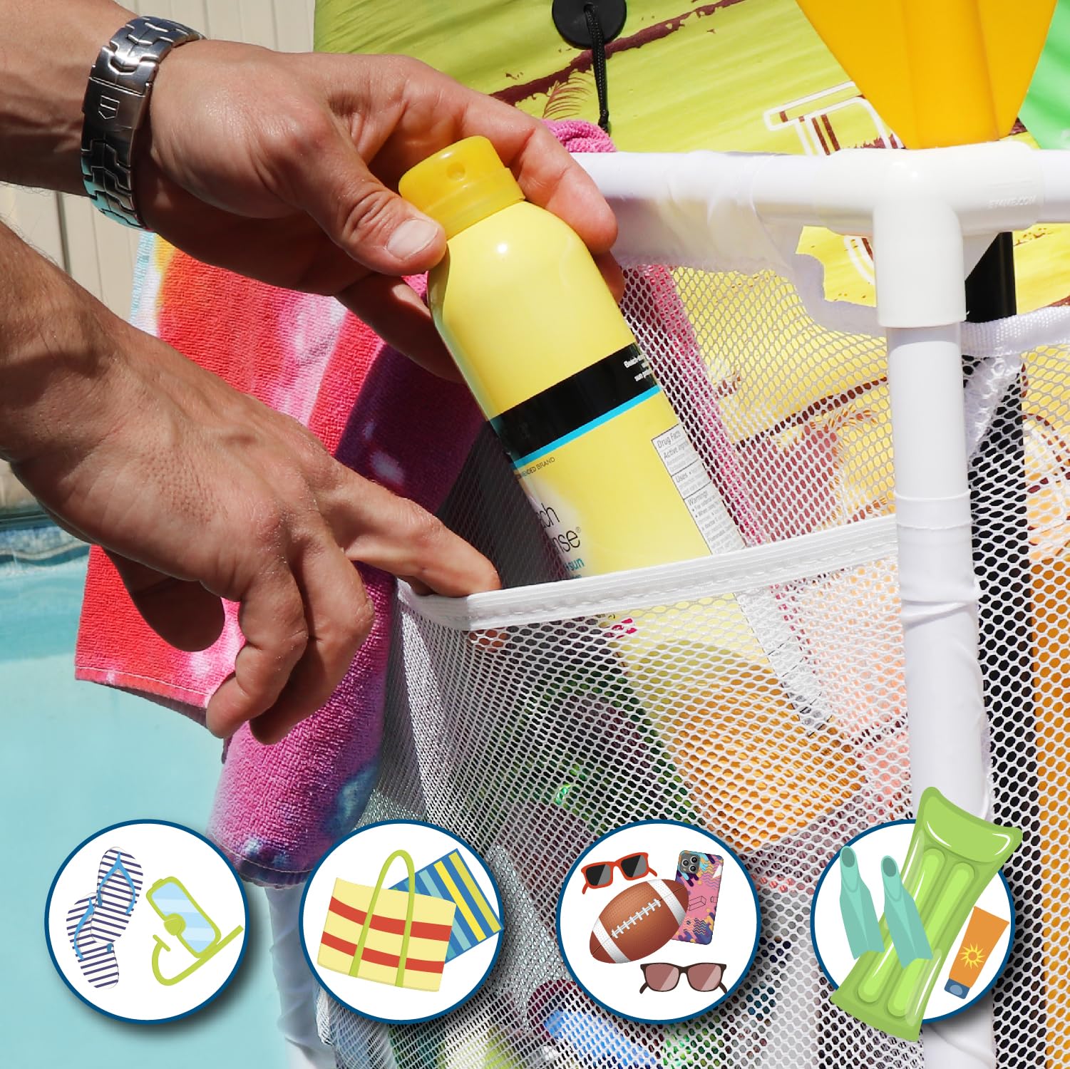 Pool Bins close-up of durable mesh that drains water and speeds drying