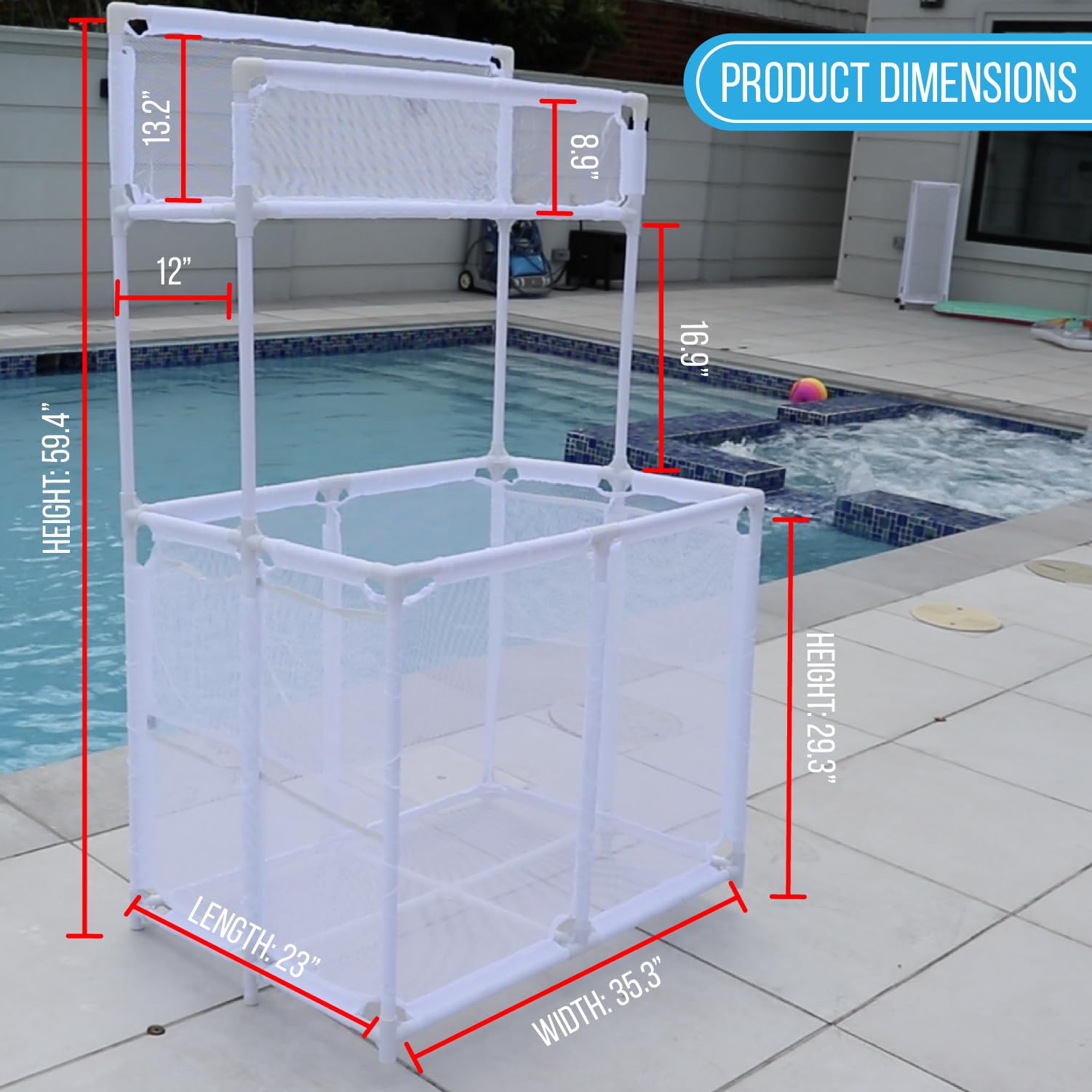 Pool Bins on a patio with pool in background showing tidy outdoor storage