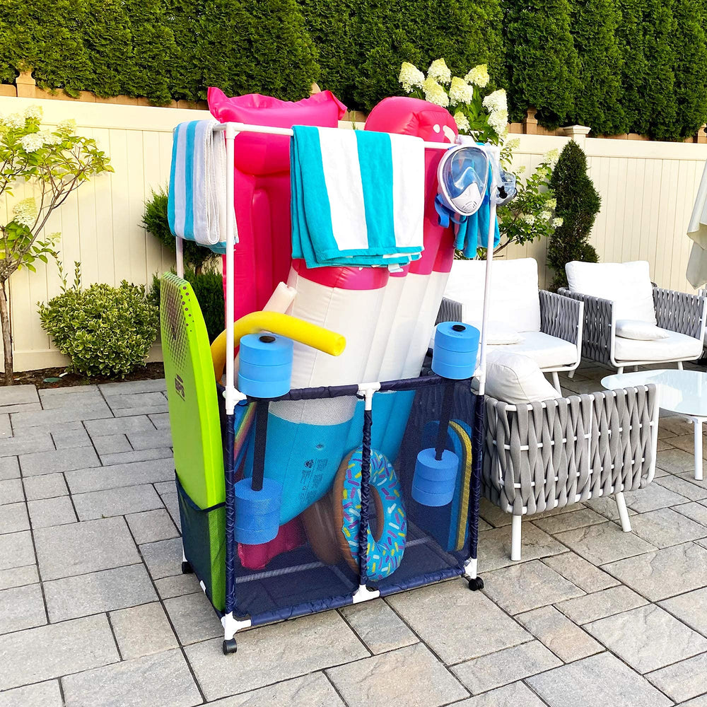 Pool Bins shown next to lounge chair showing size and scale benefit
