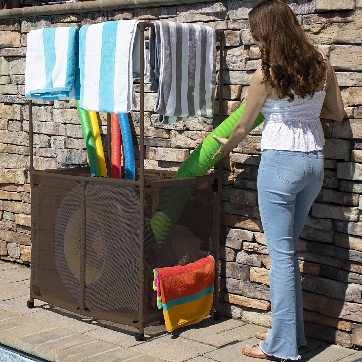 Pool Bins side pockets with goggles and sunscreen offering easy-access small-item storage benefit