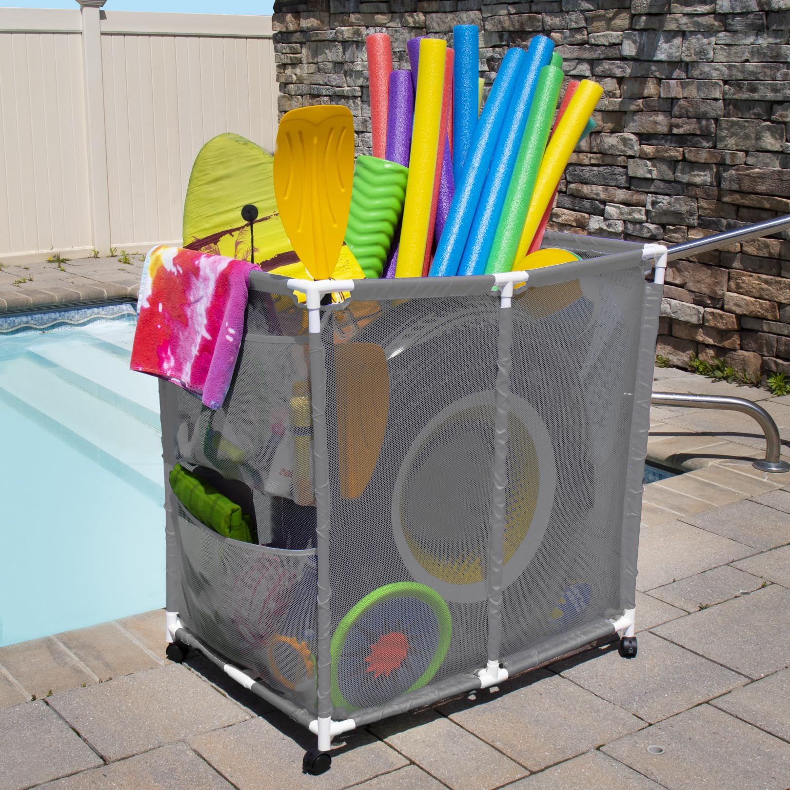 Pool Bins stitched side pockets holding goggles and small items for quick access
