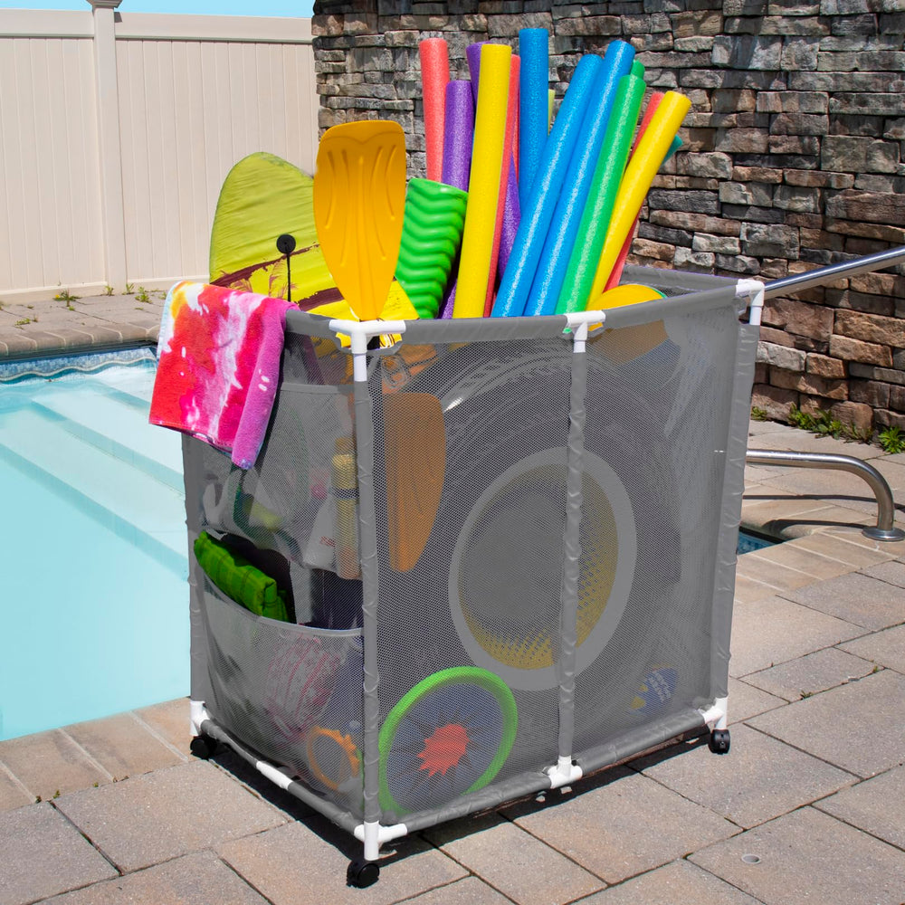 Pool Bins stitched side pockets holding goggles and small items for quick access