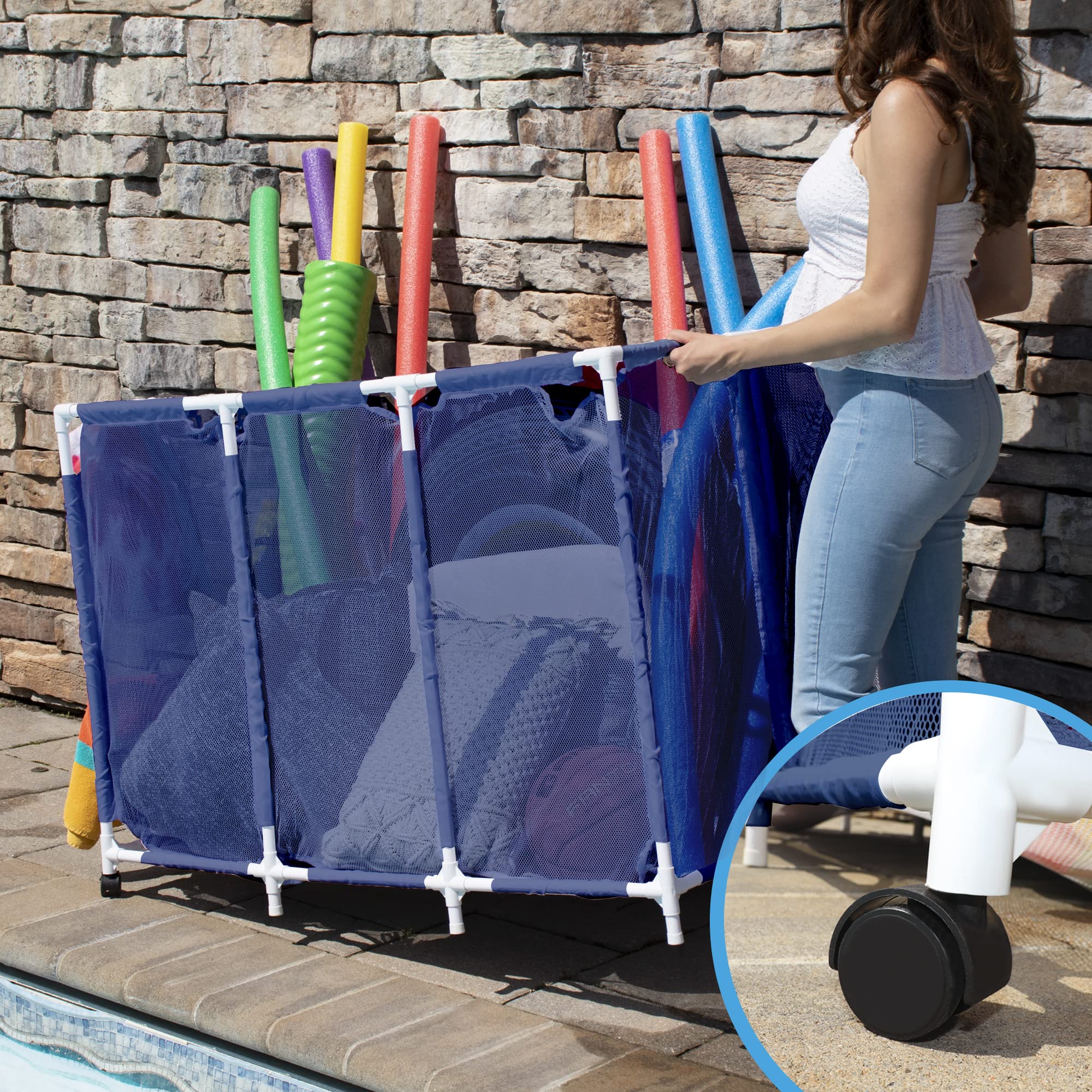 Pool Bins side pockets detail showing organized storage for small accessories benefit