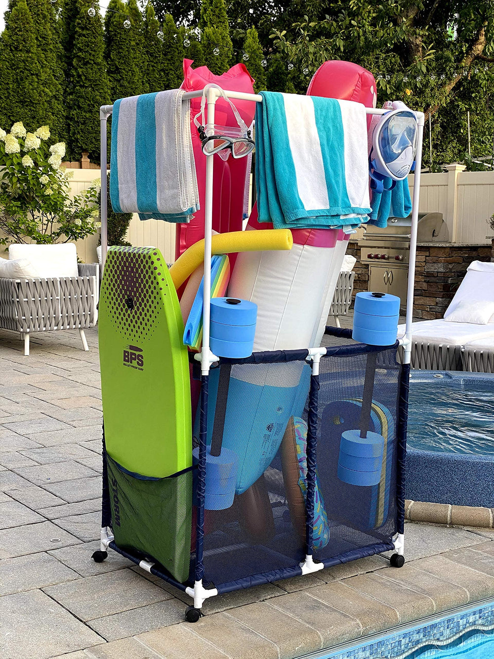 Pool Bins side profile in blue and white showing weather-resistant frame benefit