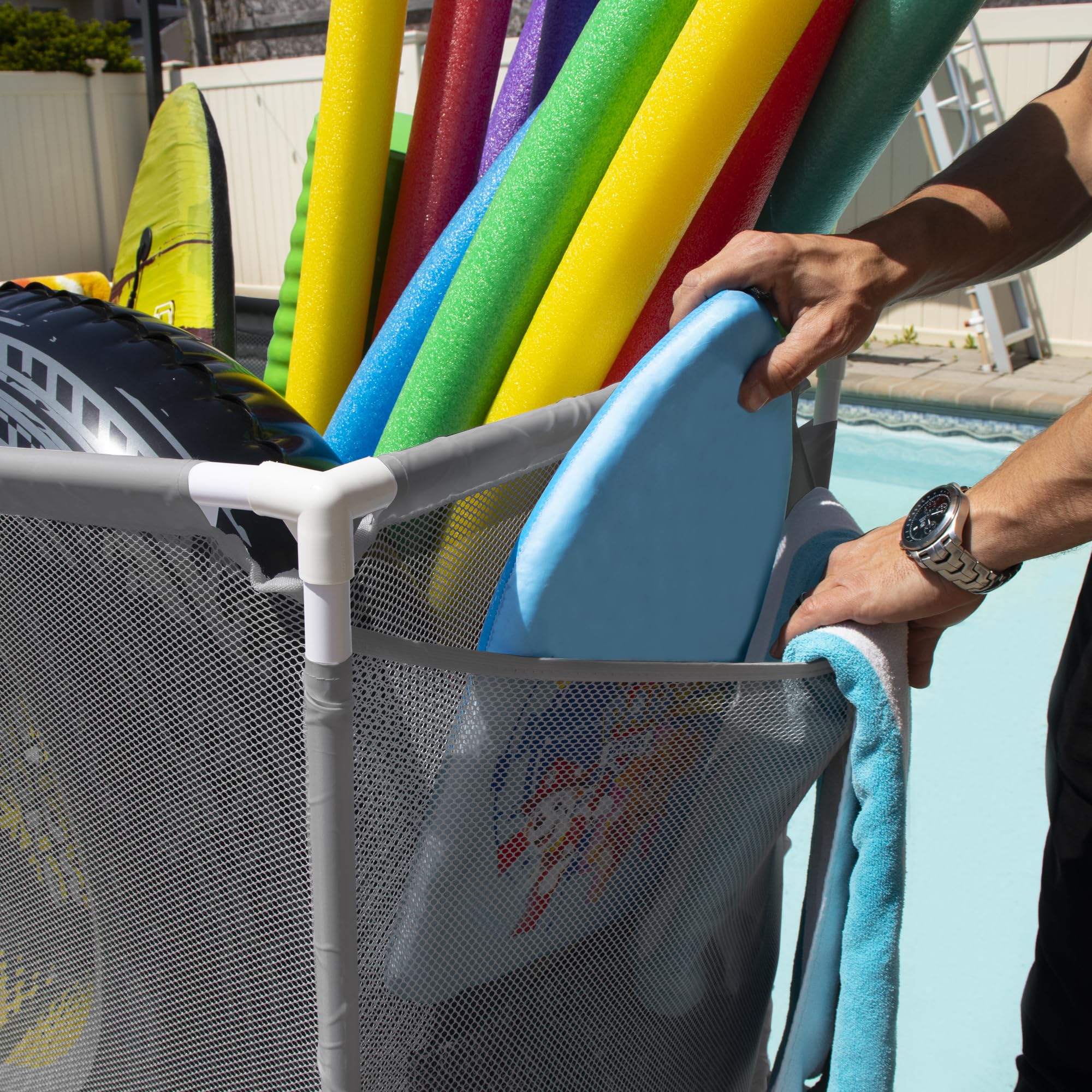 Pool Bins next to pool noodles for scale demonstrating large-capacity storage