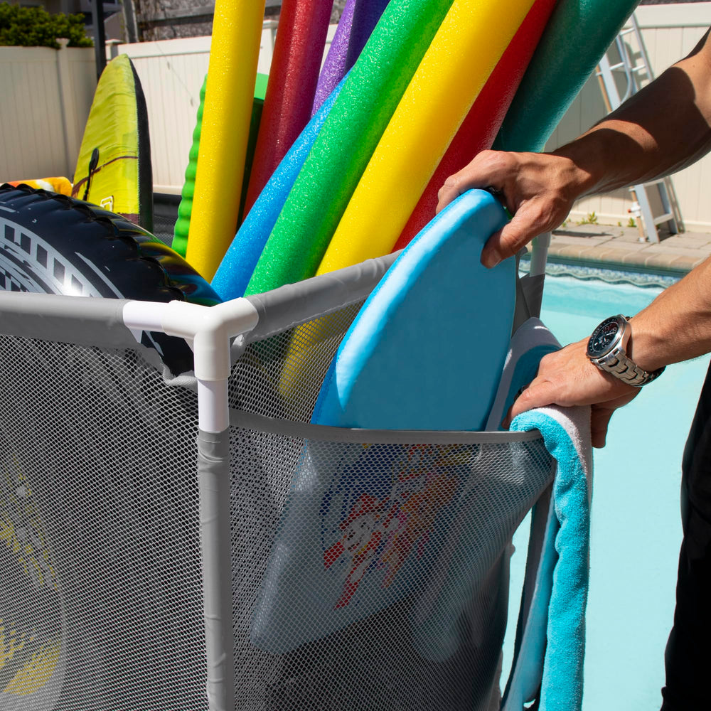 Pool Bins next to pool noodles for scale demonstrating large-capacity storage