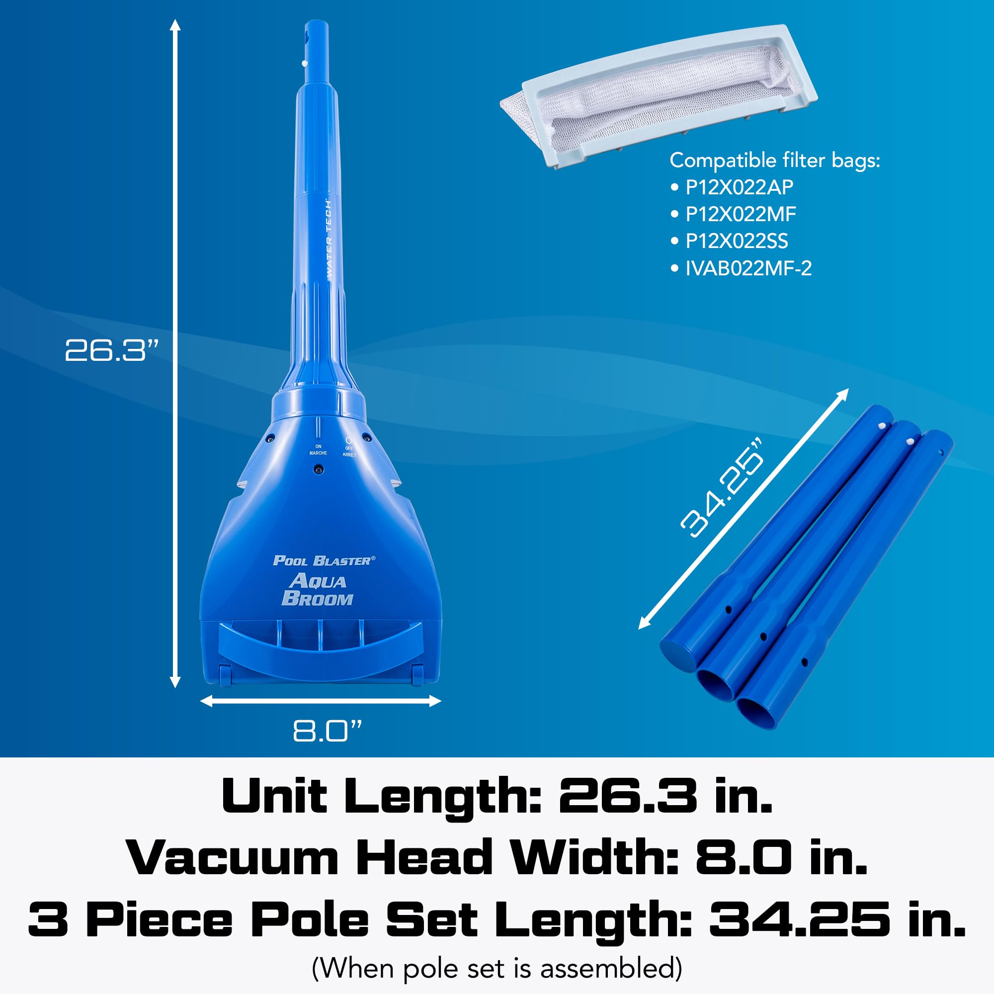 POOL BLASTER Aqua Broom XL filter bags and pole set laid out for easy setup benefit