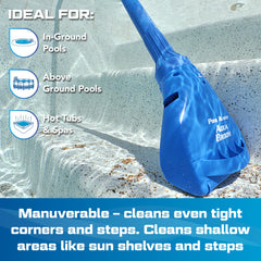 POOL BLASTER Aqua Broom XL attached to pole in pool showing extended reach advantage