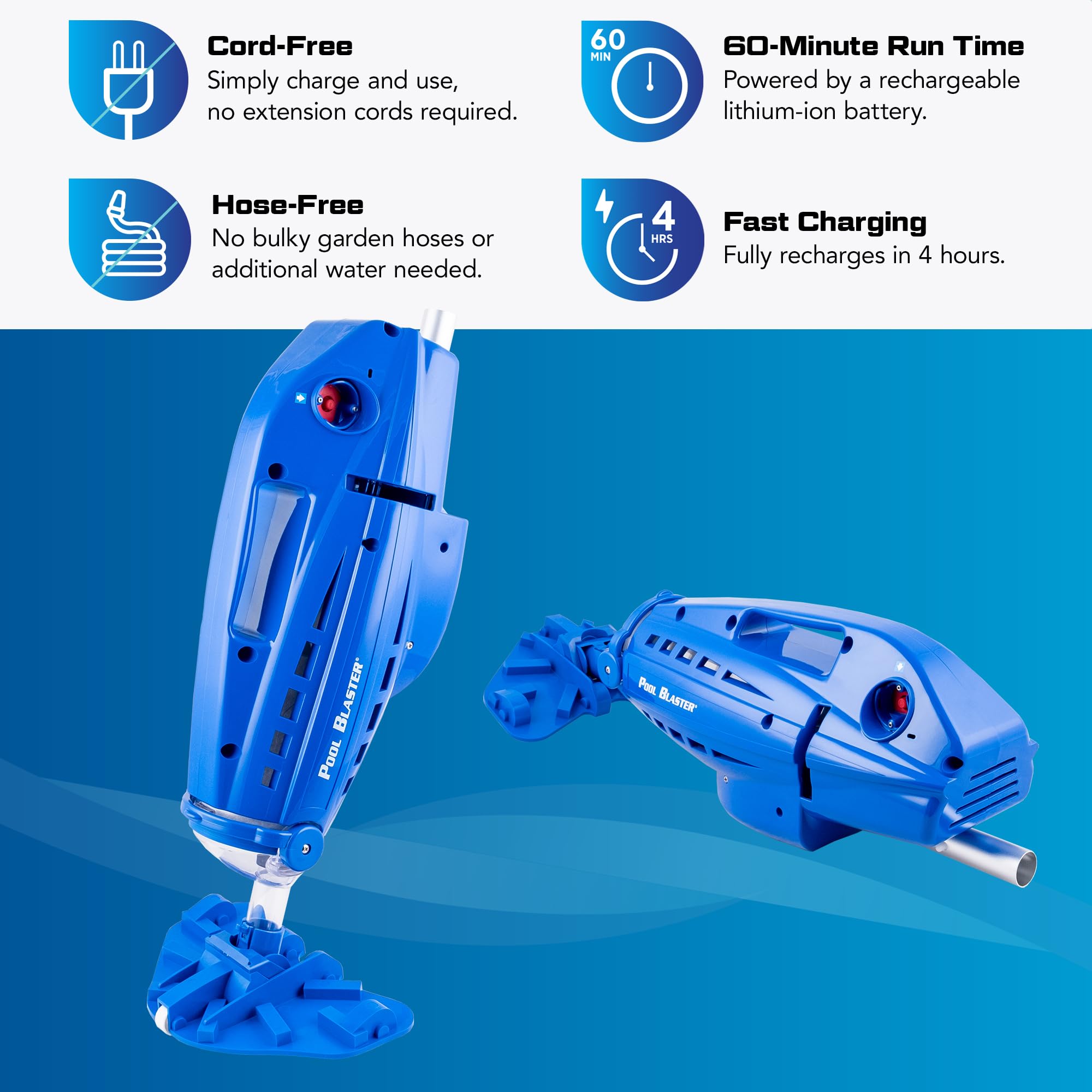 POOL BLASTER battery and controls detail offering one-hour runtime