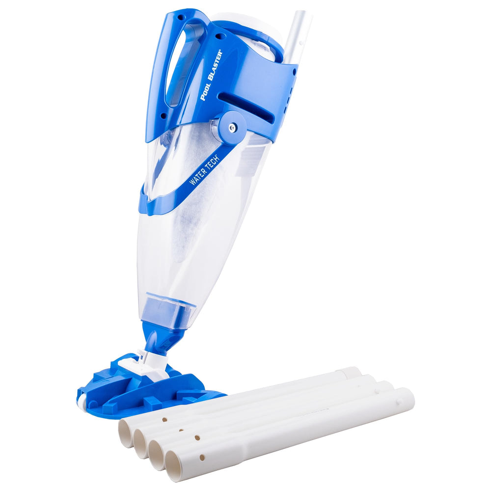 POOL BLASTER front view showing handheld vacuum and benefits of cordless cleaning
