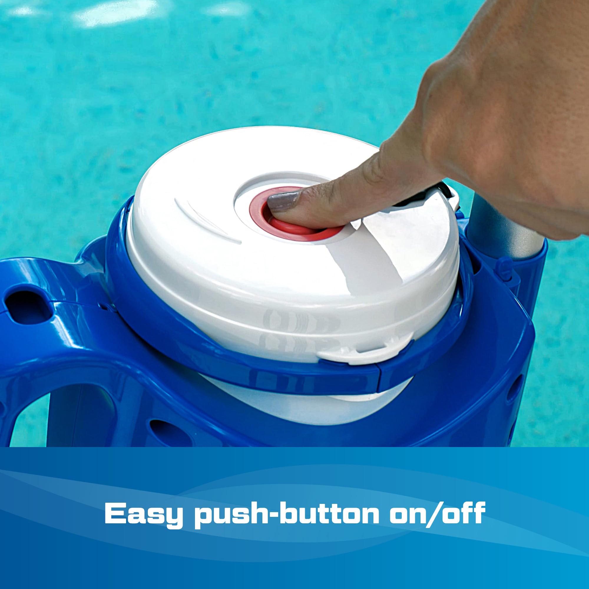 POOL BLASTER lifestyle shot in backyard pool illustrating easy spot-cleaning