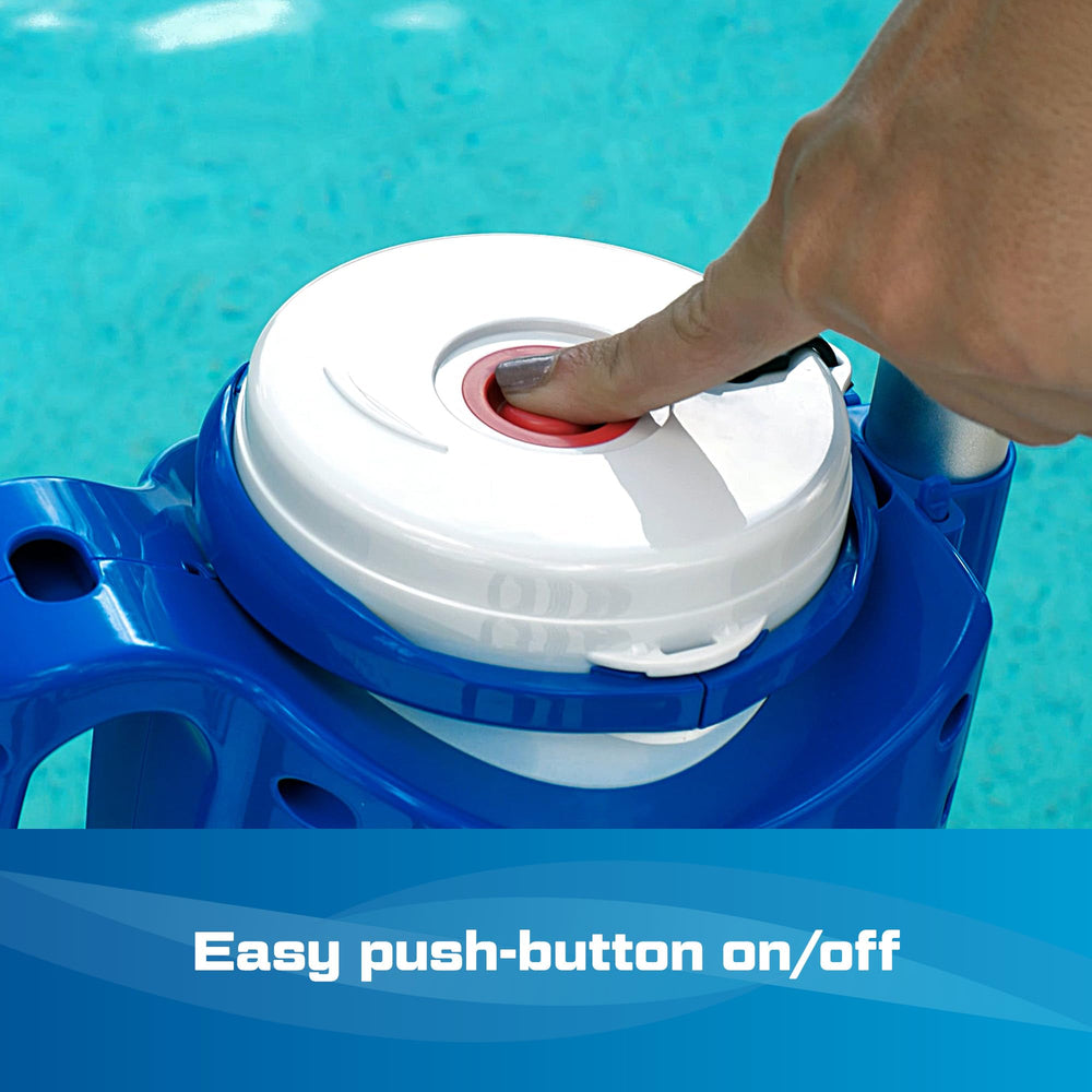 POOL BLASTER lifestyle shot in backyard pool illustrating easy spot-cleaning