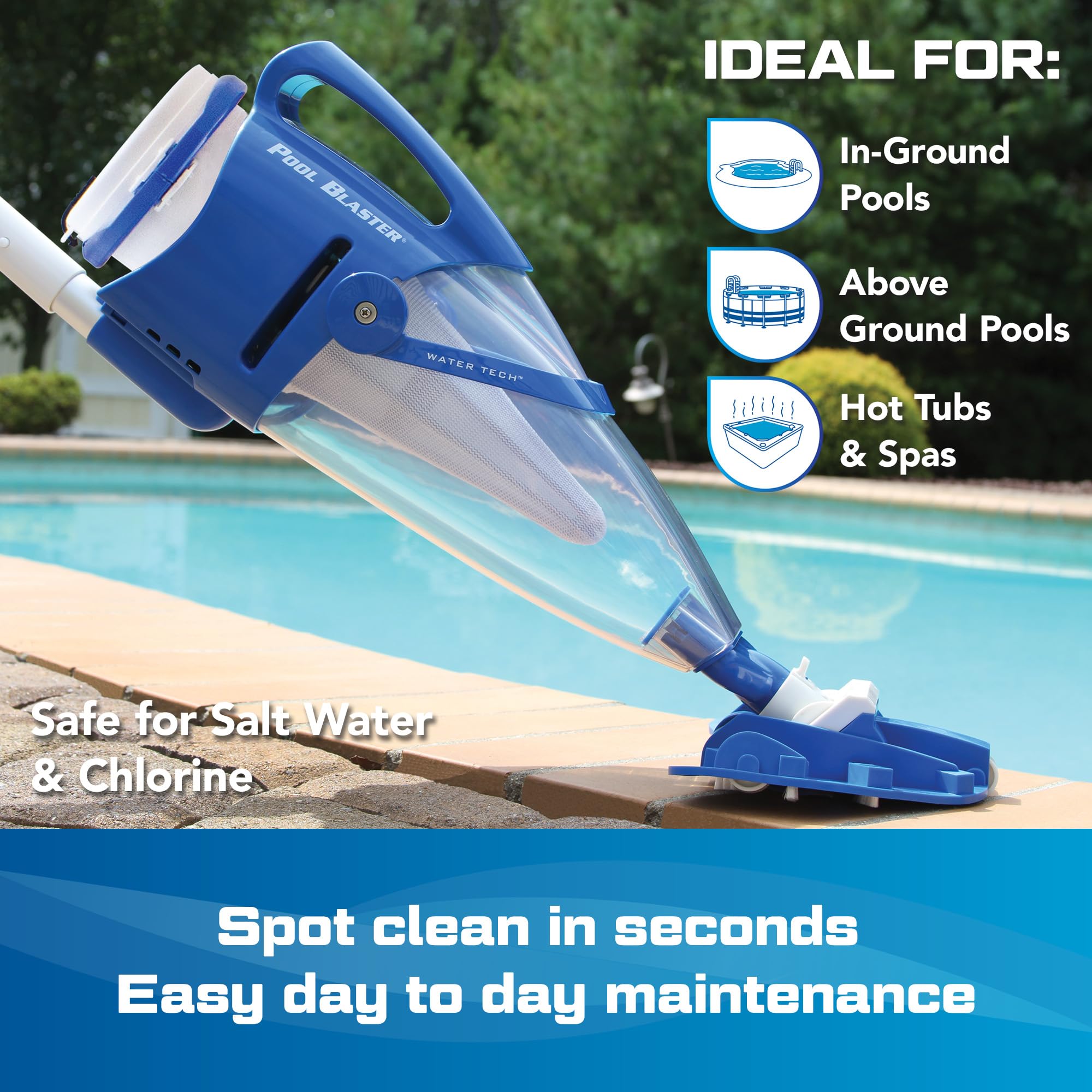 POOL BLASTER close-up of 10.5-inch vacuum head picking up sand efficiently