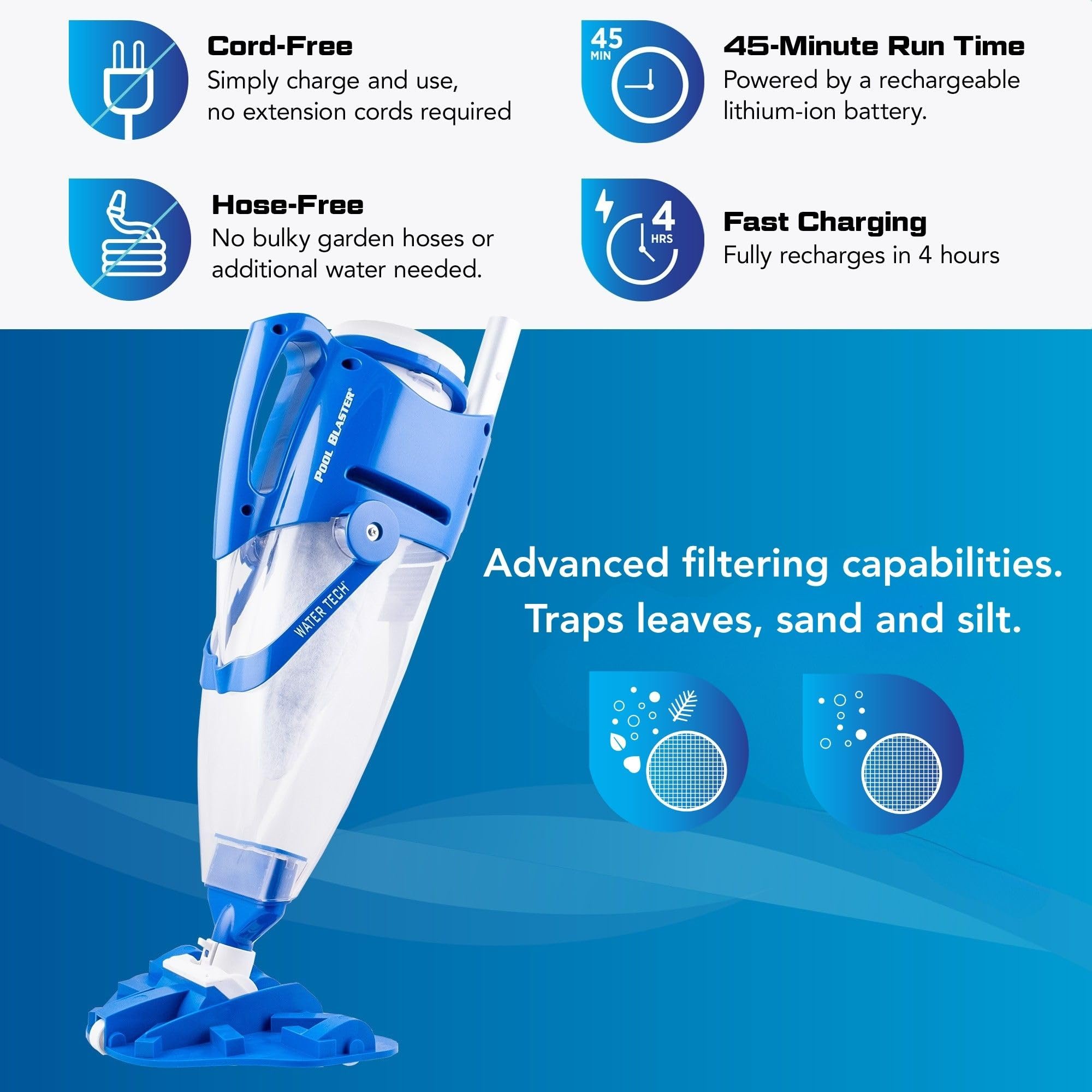 POOL BLASTER cordless vacuum in use poolside removing leaves and silt