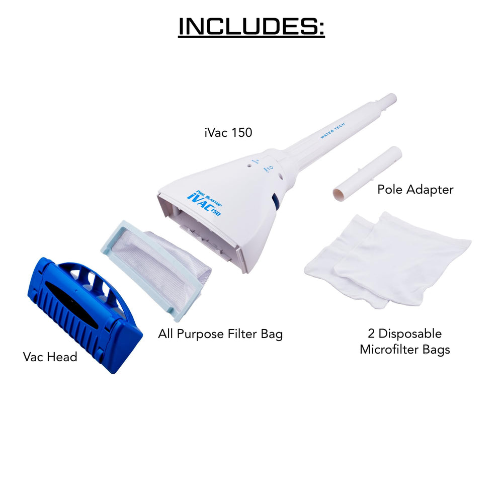 POOL BLASTER iVac 150 junto a mano y botella para comparar tamaño portátil