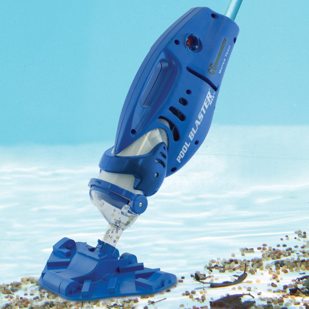 POOL BLASTER Max CG lifestyle backyard scene showing fast, cordless pool cleanup benefit
