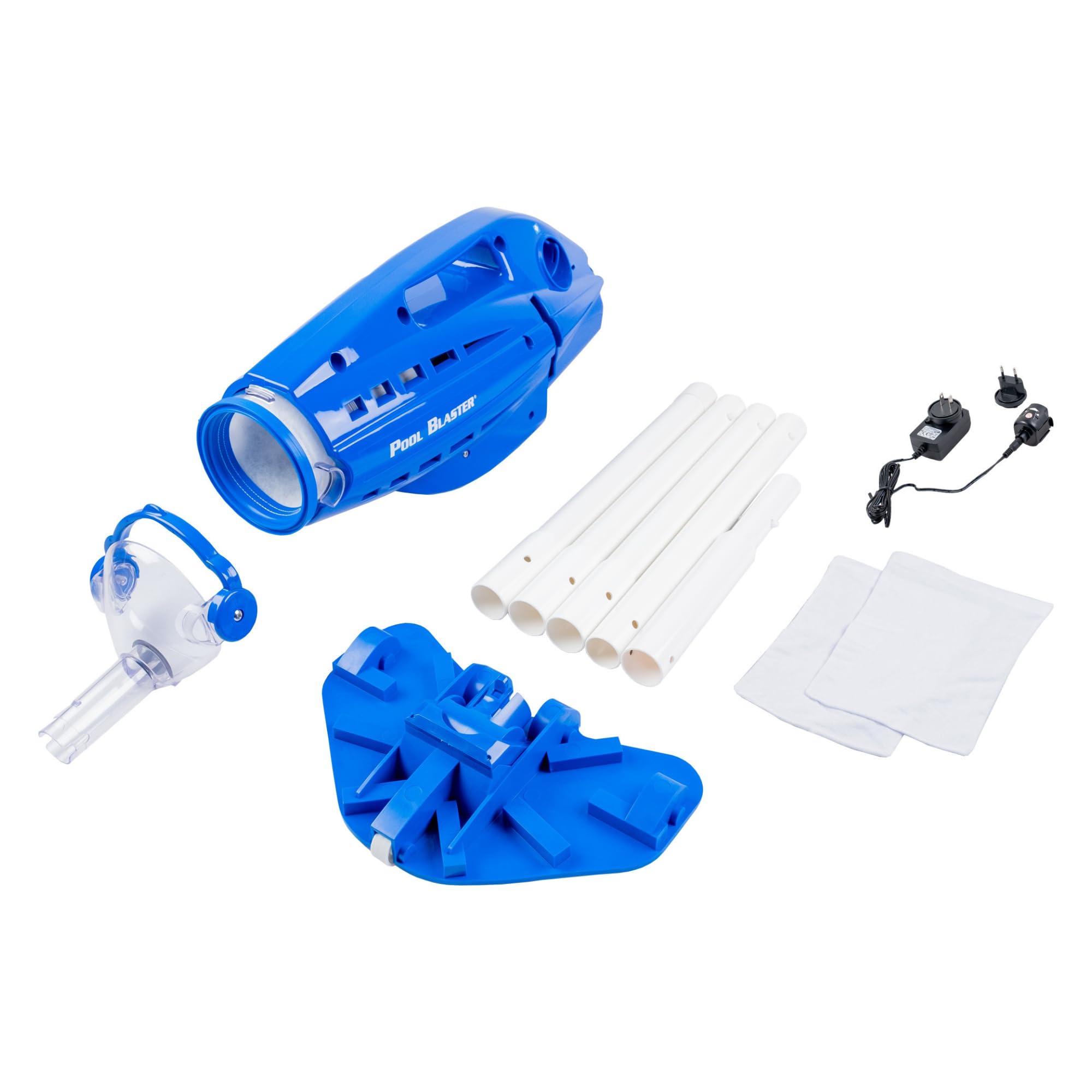POOL BLASTER lithium battery and charger displayed for reliable one-hour runtime