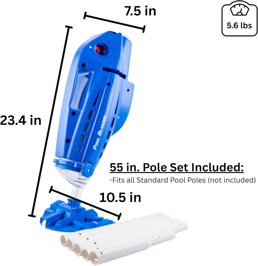 POOL BLASTER vacuum next to ruler showing scale and compact storage convenience