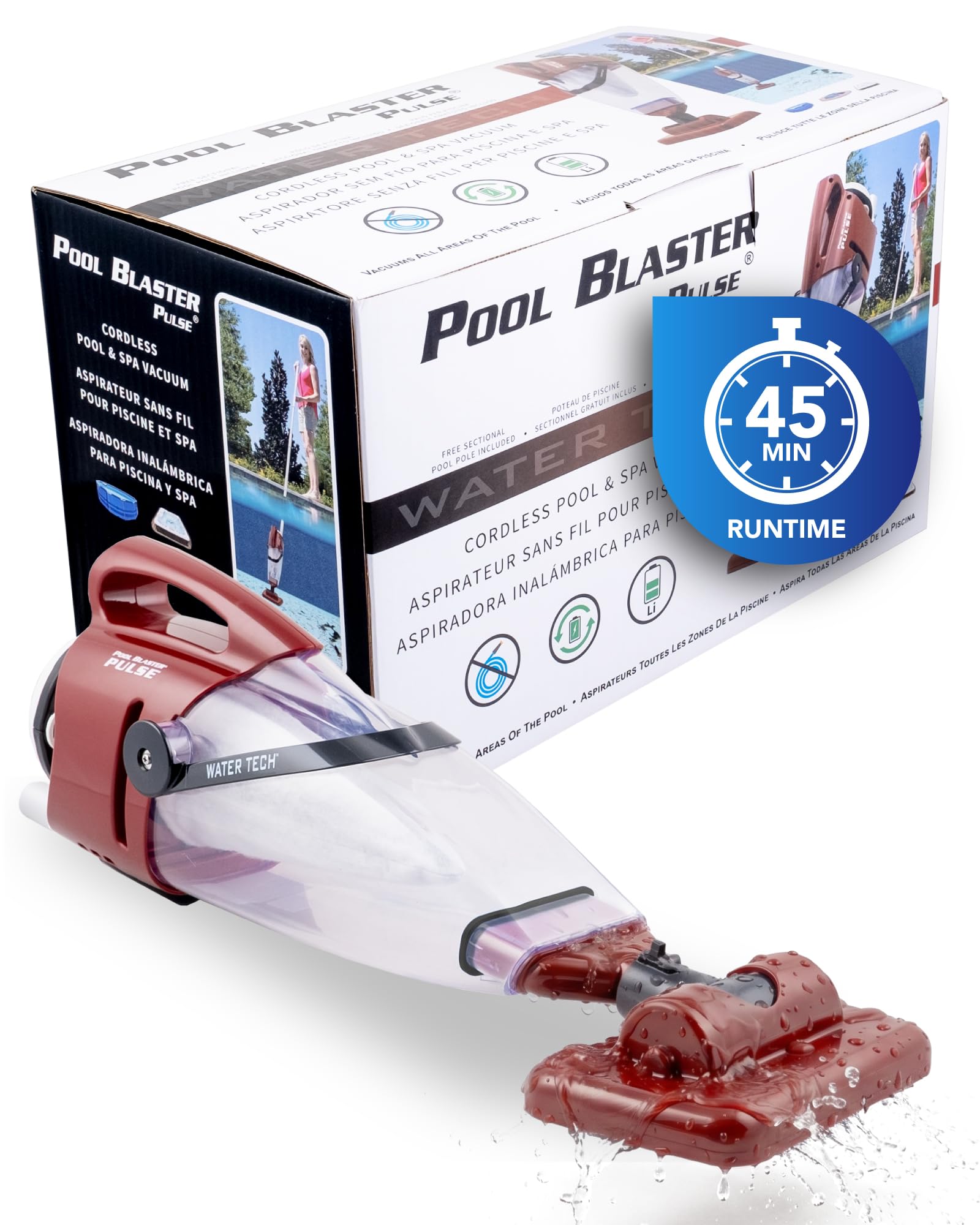 POOL BLASTER Pulse front view showing compact cordless vacuum and benefits