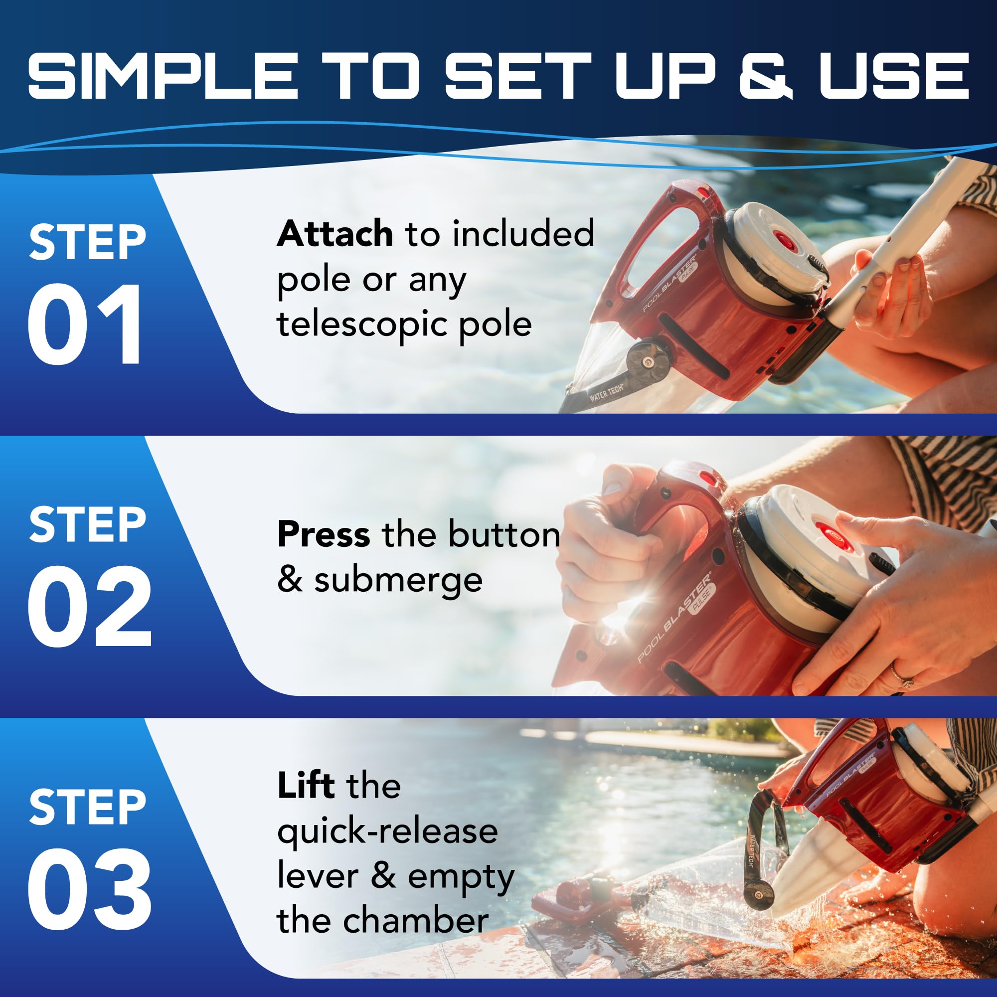 POOL BLASTER Pulse cleaning above ground pool floor with deck reach benefit