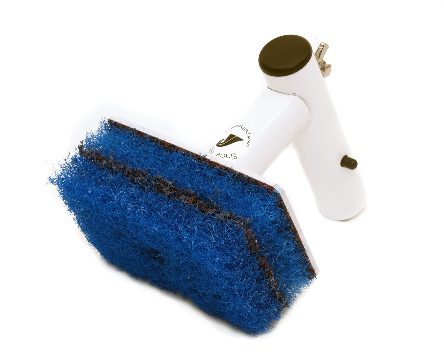 POOL BLASTER scrubber attached to pole in use along pool waterline for efficient scale removal