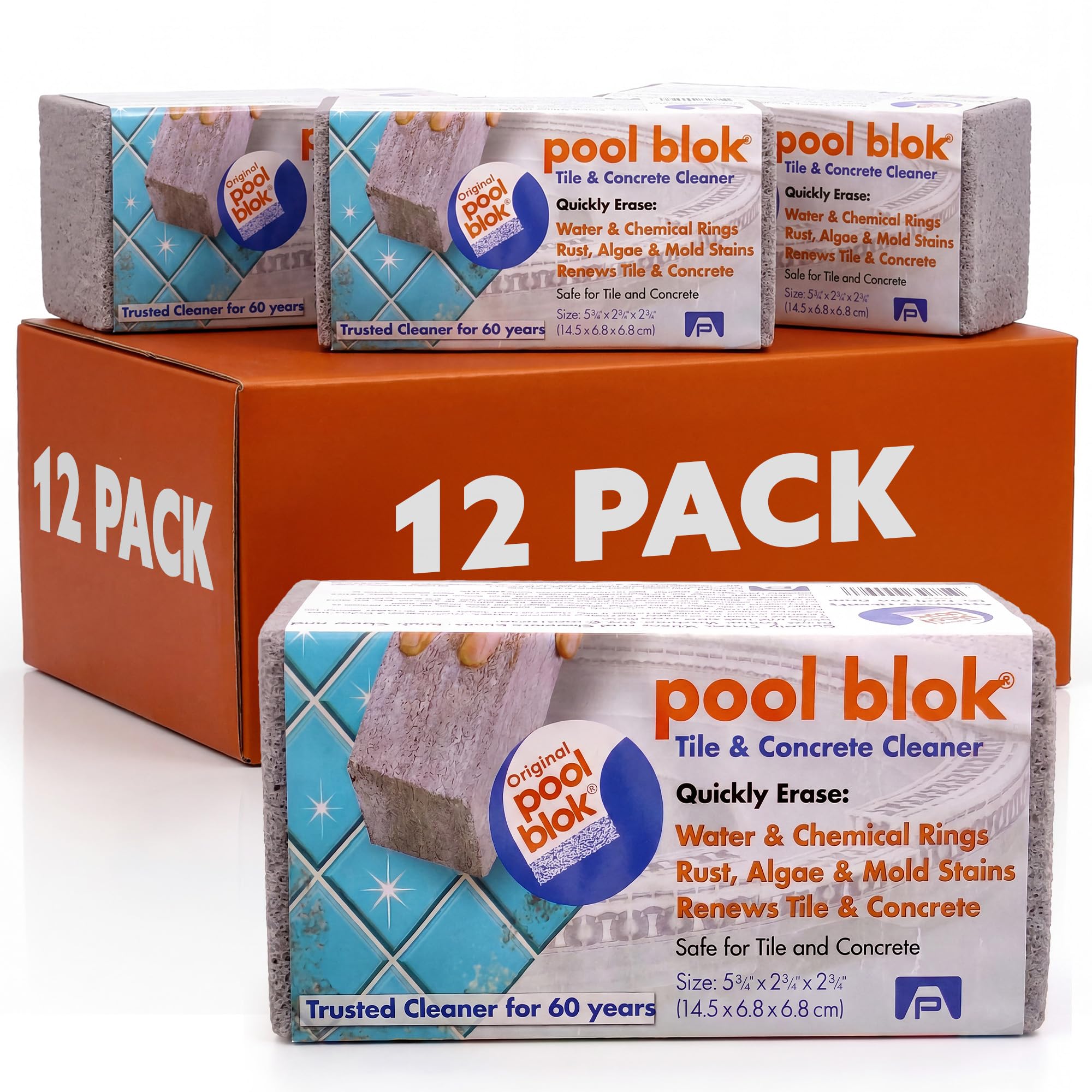 Pool Blok pumie front packaging showing 12-pack and benefit of calcium removal