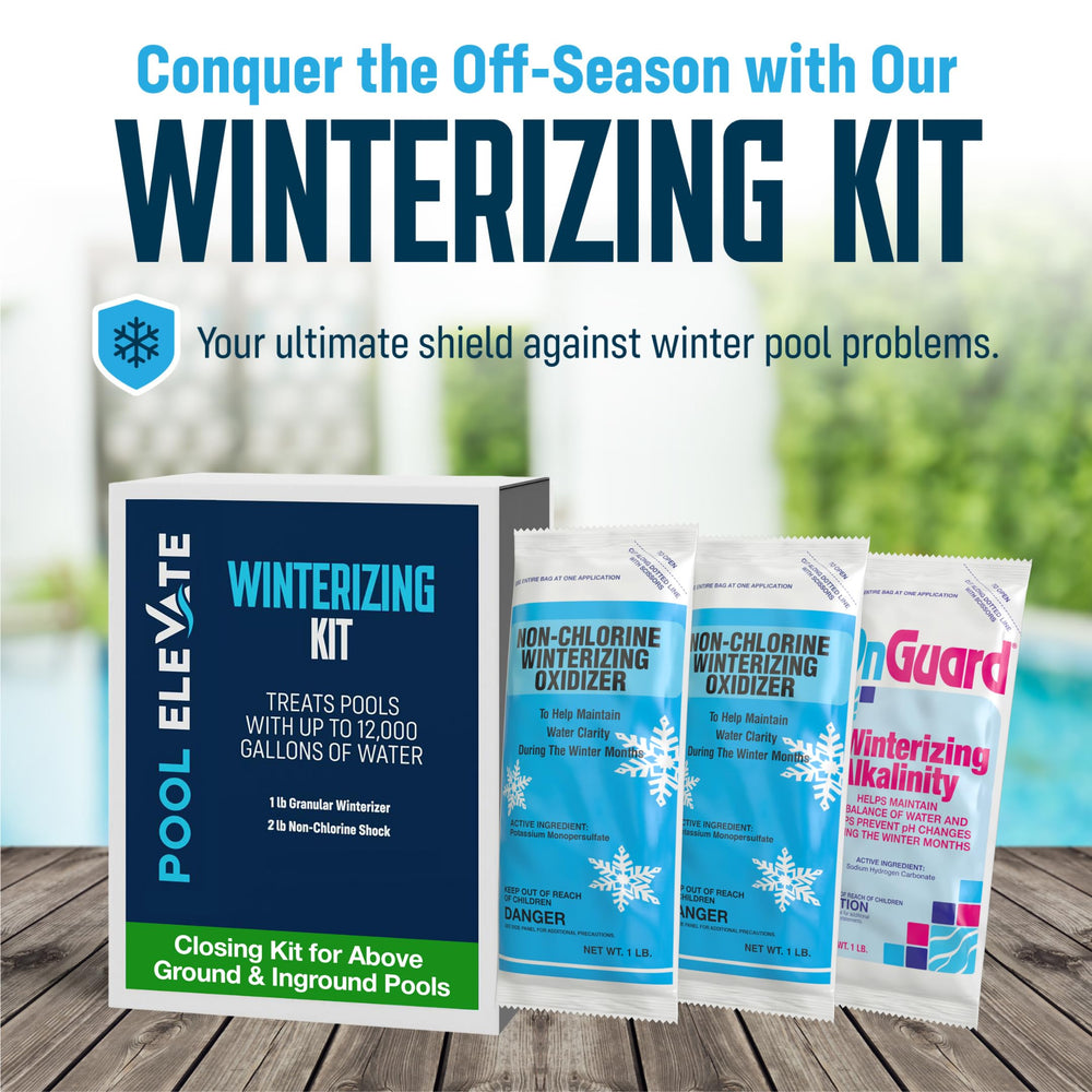 POOL ELEVATE kit contents laid out for quick winter pool protection