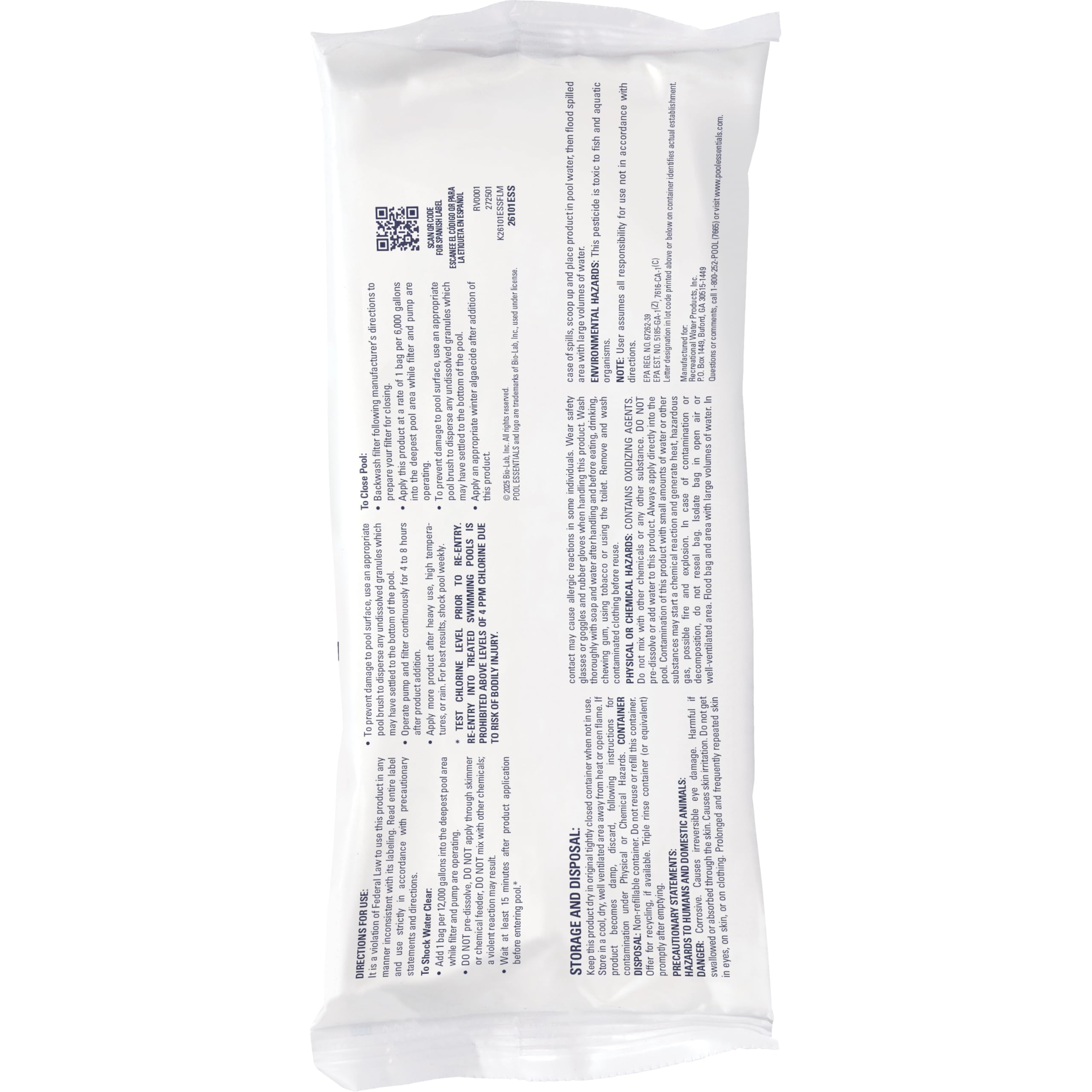 Pool Essentials measuring scoop beside a bag for accurate dosing benefit