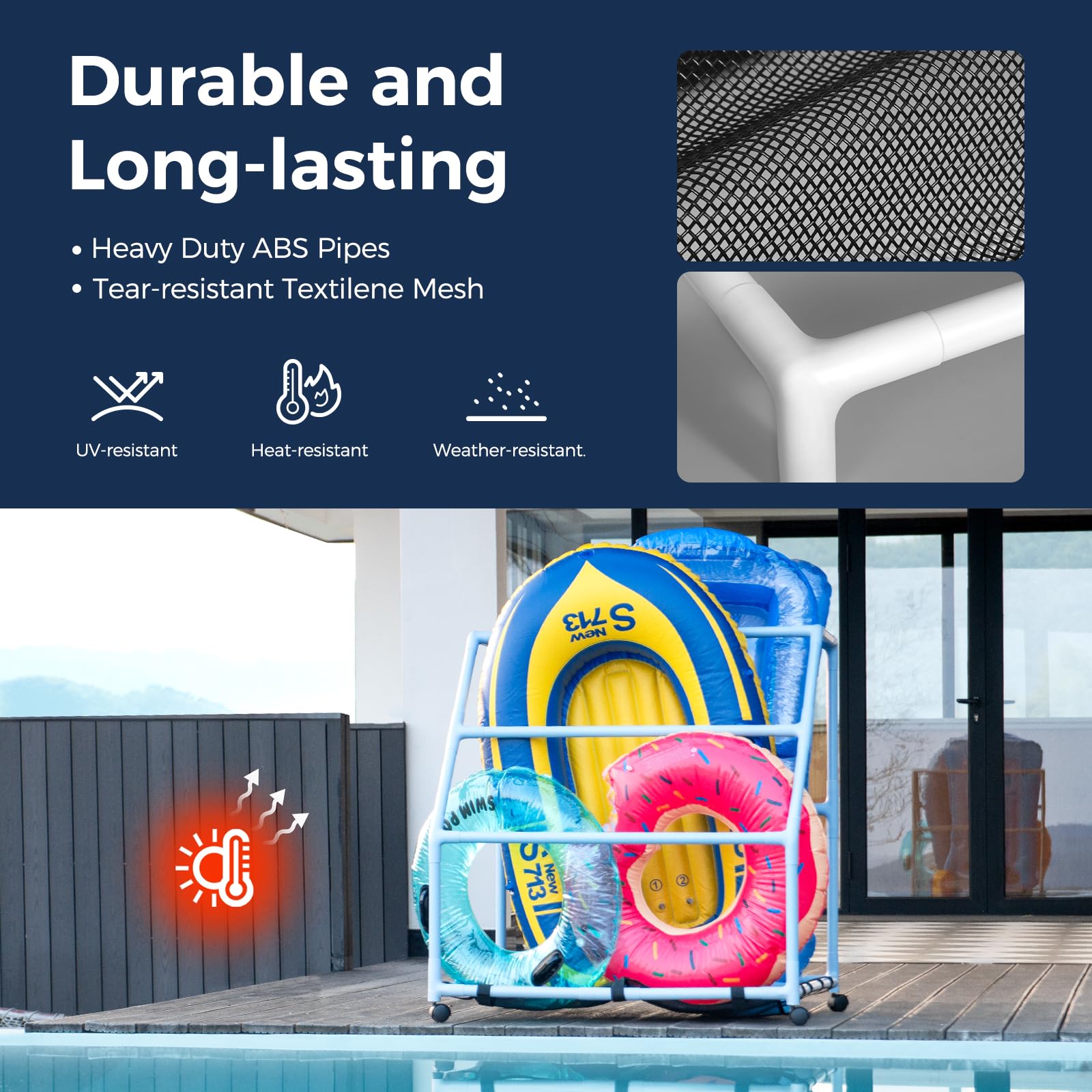 POOL FELLOWS PVC frame close-up showing strong joints and rustproof durability benefit