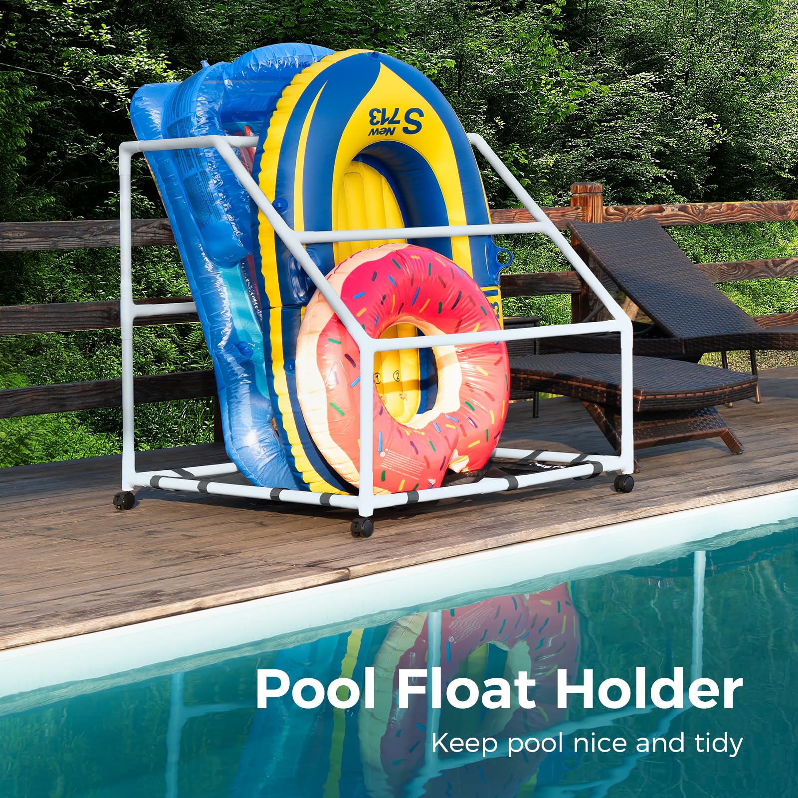 POOL FELLOWS rack beside a chair showing footprint and scale for planning placement benefit