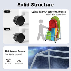 POOL FELLOWS heavy-duty wheels with brakes showing easy mobility and secure placement benefit