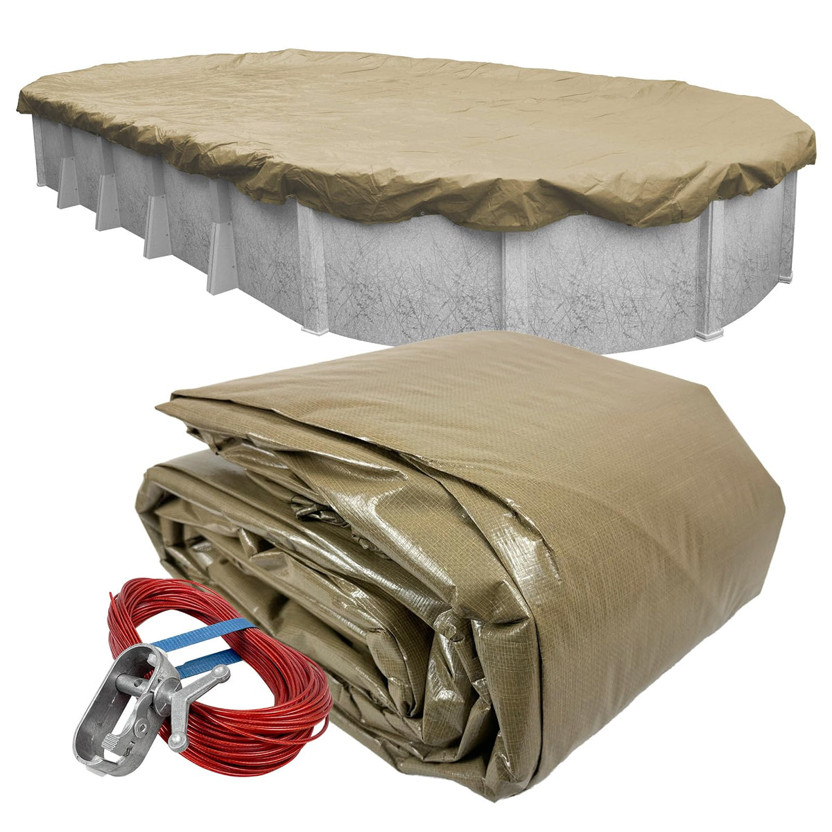 Pool Mate cover front view on packaged product showing durable protection and easy handling