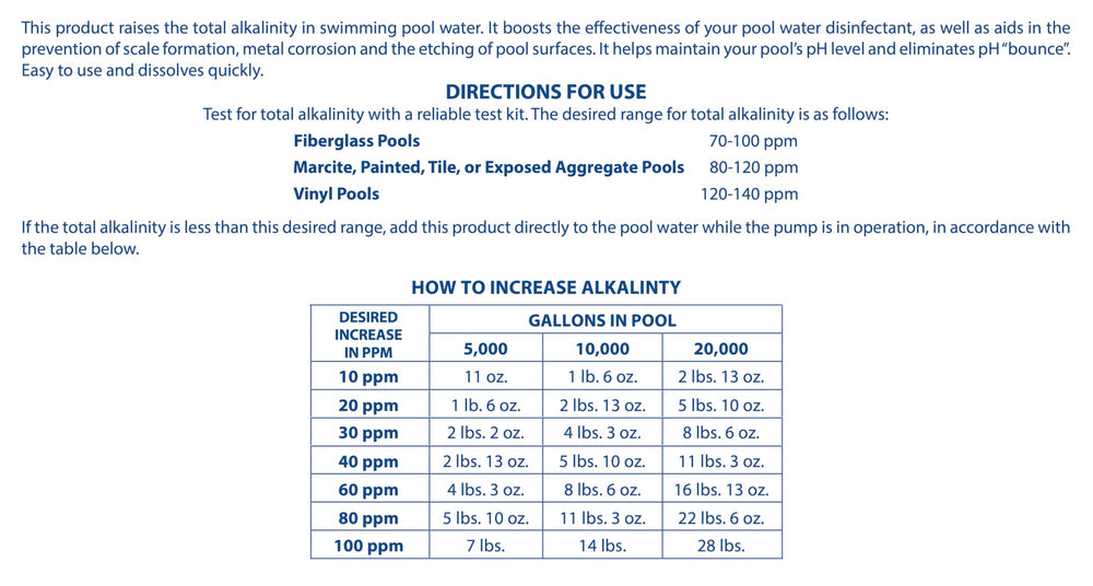Pool Mate being poured into pool with pump running to evenly raise alkalinity