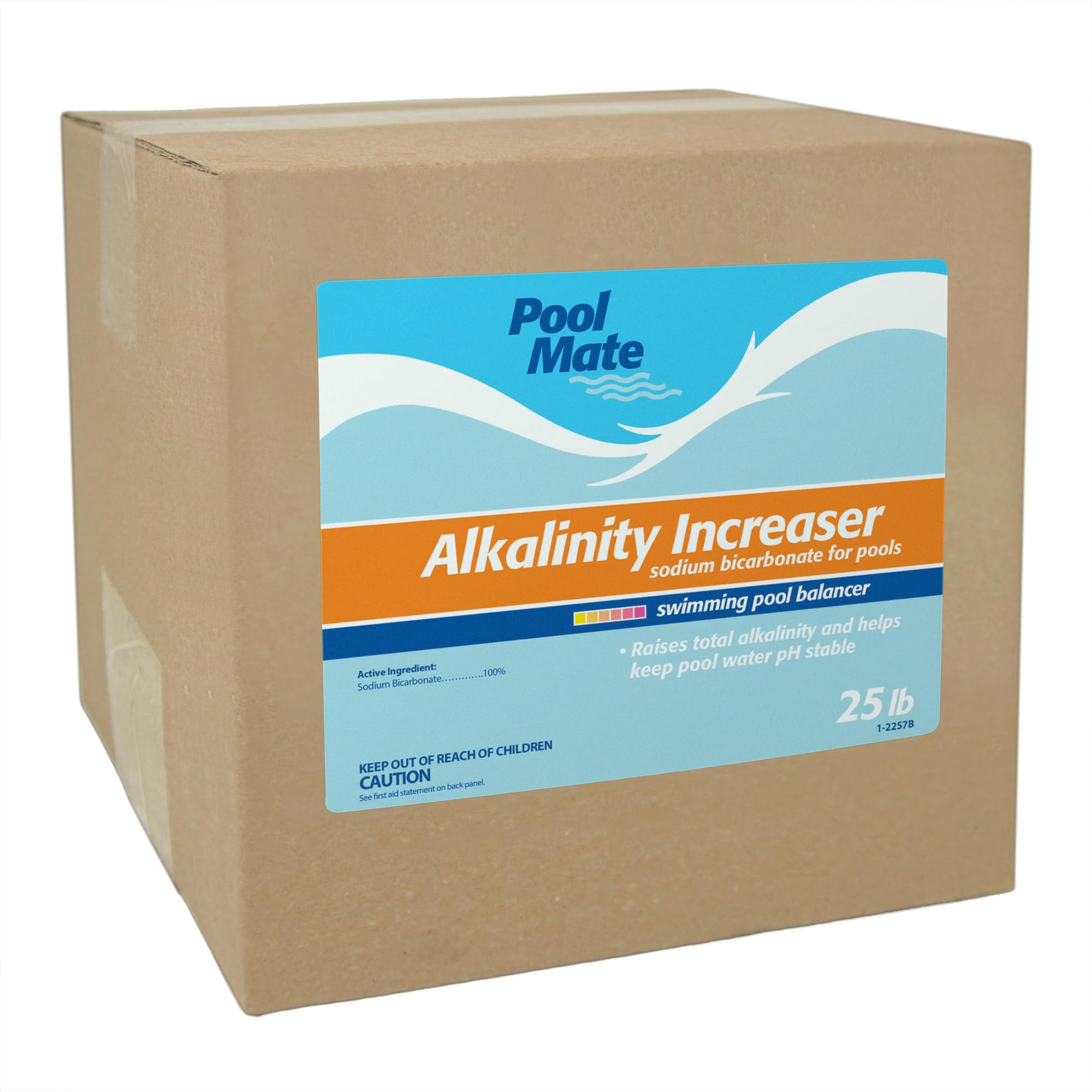 Pool Mate front label on 25 lb bucket showing clear usage benefits