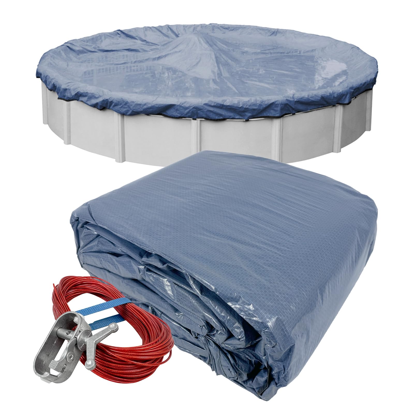 Pool Mate front view of 21 ft winter cover showing size and packaging benefit