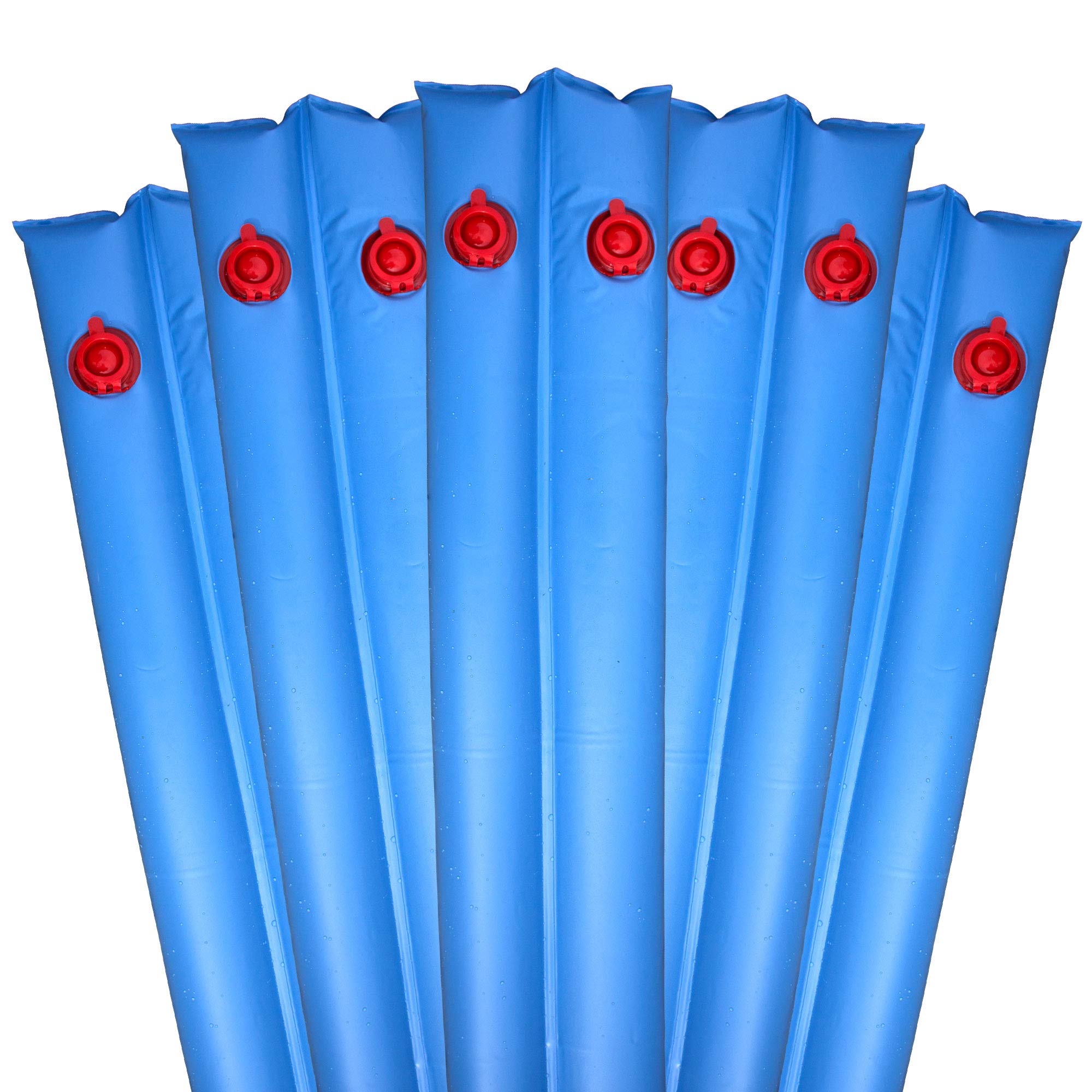 Pool Mate front view of blue 8 ft water bags showing pack benefits and fit