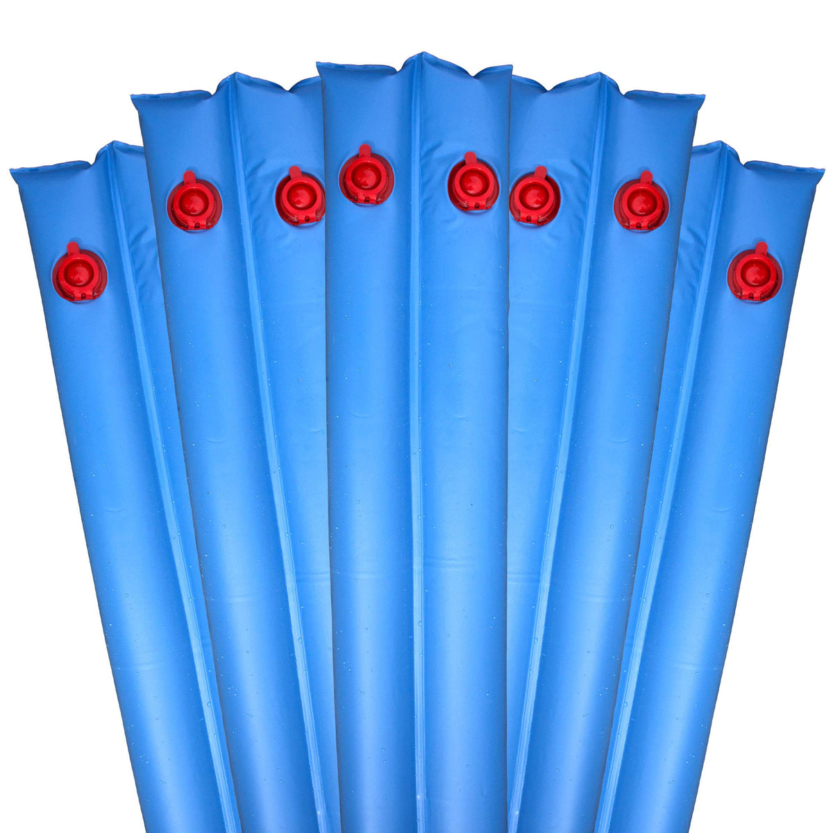 Pool Mate front view of blue 8 ft water bags showing pack benefits and fit