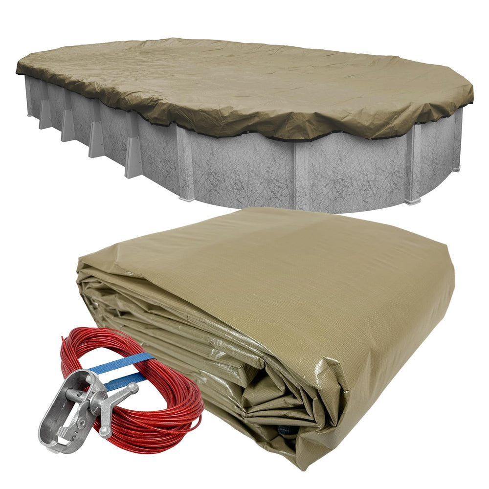 Pool Mate front view of taupe oval cover showing full packaging and benefit of complete seasonal protection