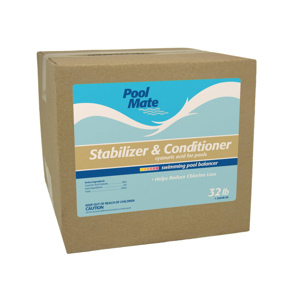 Pool Mate front packaging showing 32-pound bag and clear product benefits