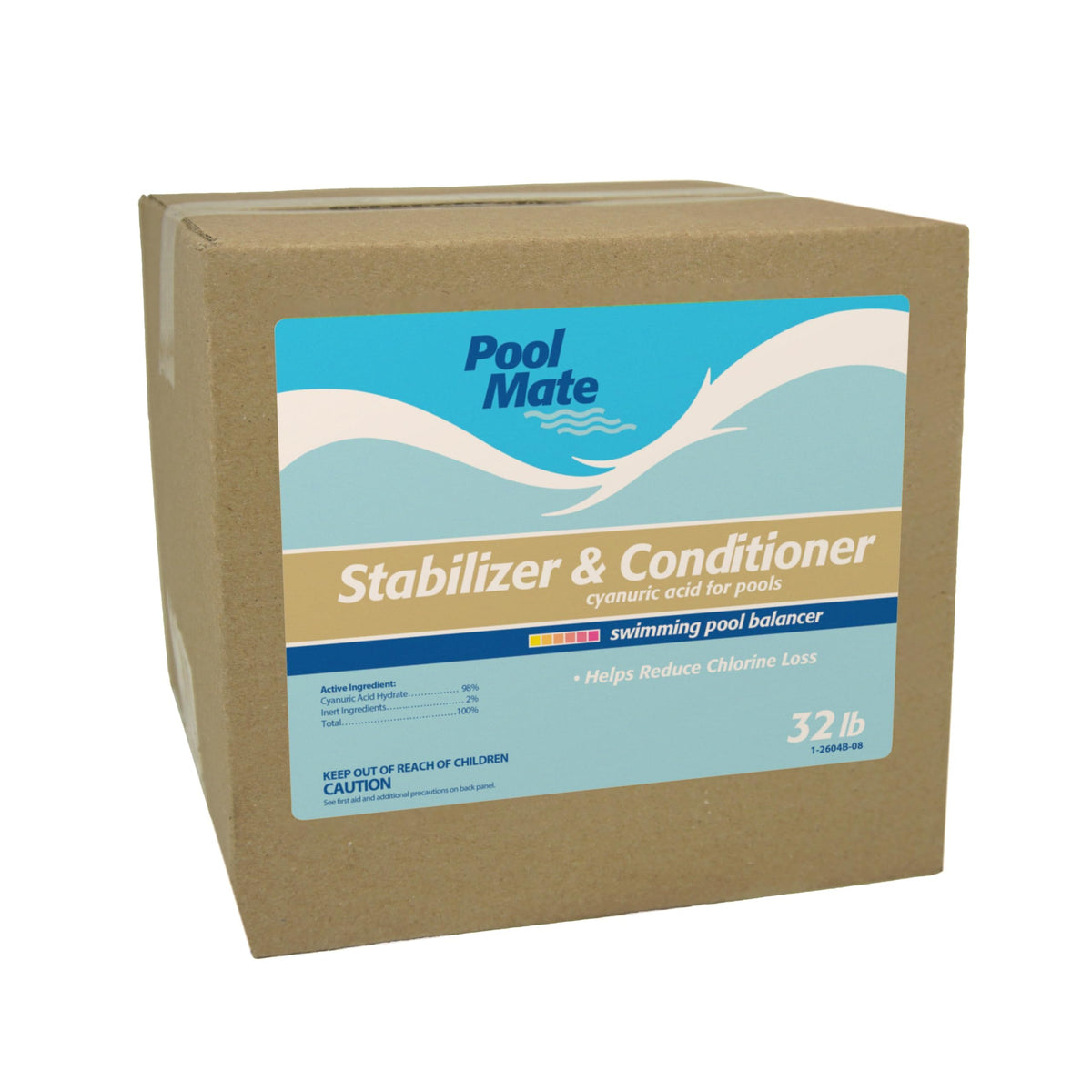 Pool Mate front packaging showing 32-pound bag and clear product benefits