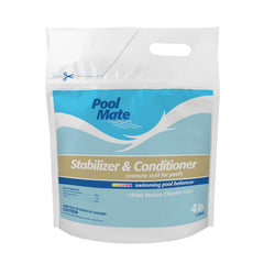 Pool Mate front packaging showing 4-pound stabilizer for longer chlorine life