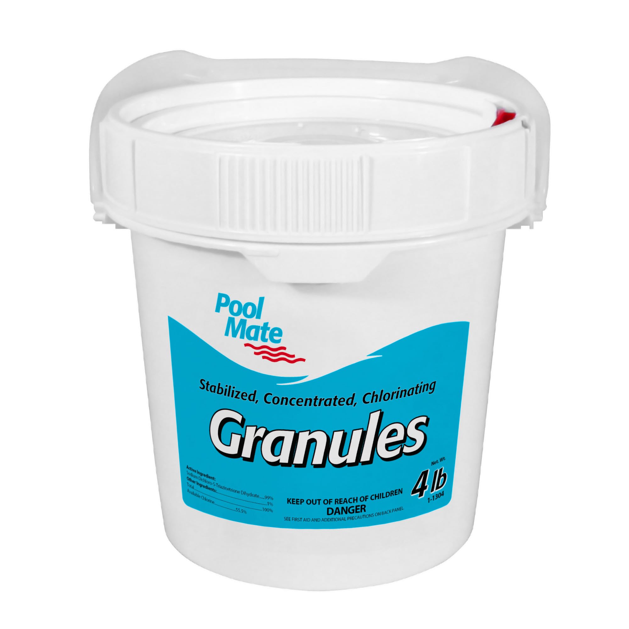 Pool Mate front packaging showing 4-pound container and clear labeling for easy storage
